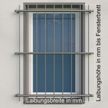 Fenstergitter aus Edelstahl Rundrohr ø 26,9 mm, Montage vor der Fensterlaibung. Höhe 1600 - 2300 mm / 4 Gurte